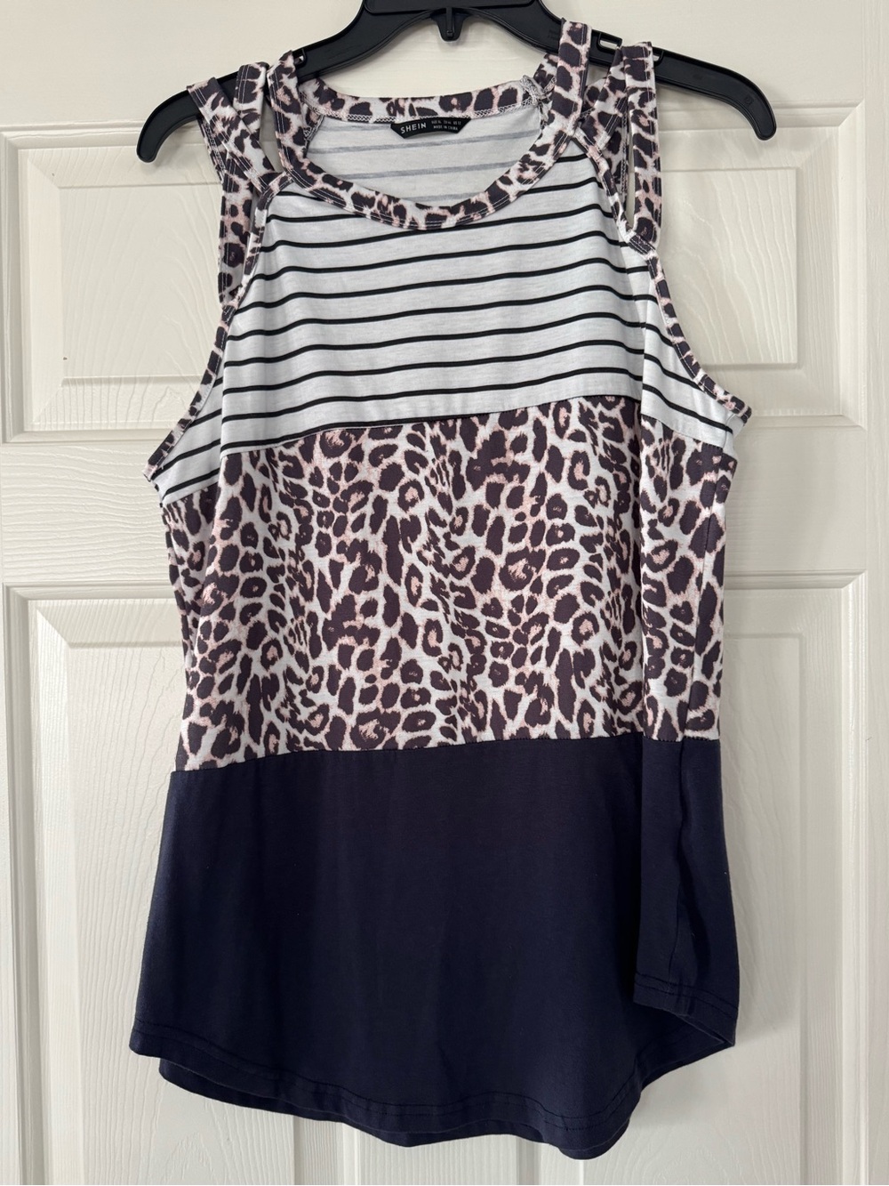 SHEIN White & Black Striped Fall Leopard Colorblock Tank xL